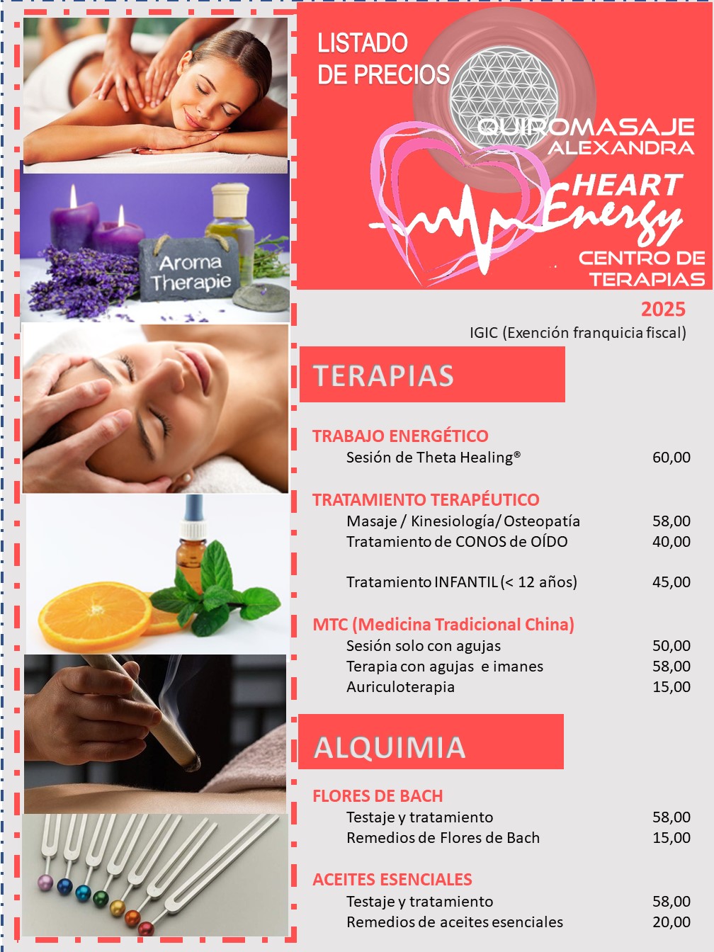 Listado de precios 2025 Theta Heart Energy Tenerife